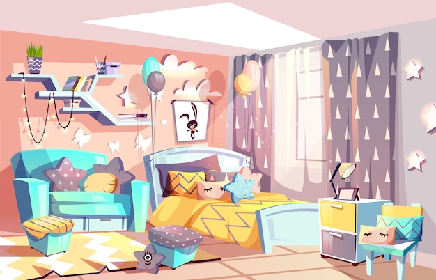 Vetor grátis caçoe o quarto da menina ou a ilustração interior do quarto do estilo escandinavo acolhedor moderno da mobília.