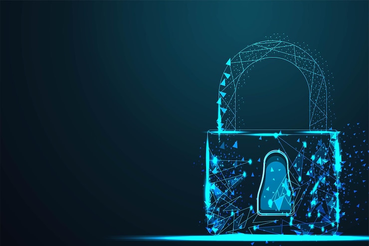 Vetor grátis cadeado de segurança cyber lock fio abstrato baixo poli malha de armação de arame poligonal parece constelação no céu noturno azul escuro com ilustração e fundo de pontos e estrelas