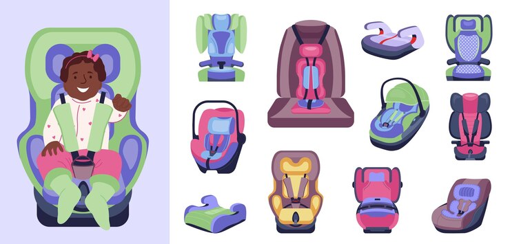 Vetor grátis cadeira de carro para crianças com assentos de segurança planos em fundo branco com vários tamanhos e cores ilustração do vetor