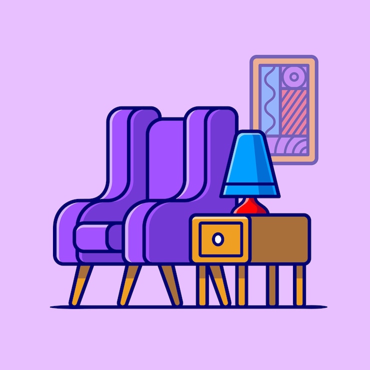 Vetor grátis cadeira do sofá com ilustração do ícone do vetor dos desenhos animados da mesa e da lâmpada. conceito de ícone interior interior isolado vetor premium. estilo flat cartoon