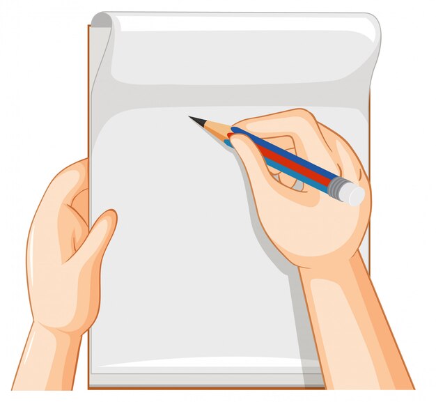 Caderno vazio e mão com lápis sobre fundo branco