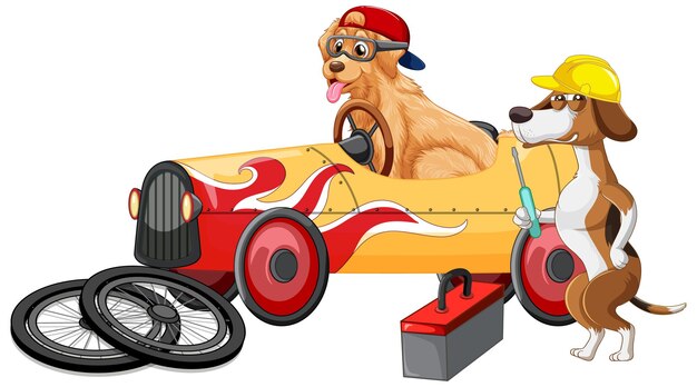 Cães dirigindo um carro e cachorro consertam o carro no fundo branco