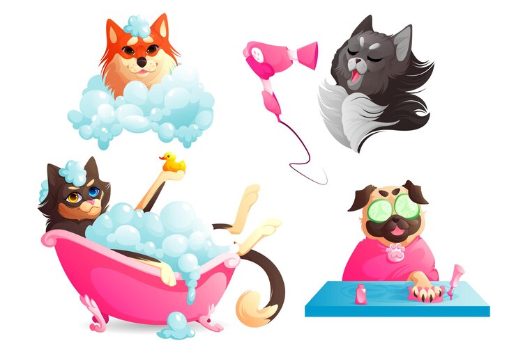 Vetor grátis cães spa e serviço de tosa filhotes engraçados desfrutando de procedimentos de salão animais de estimação secando o cabelo com mani ...