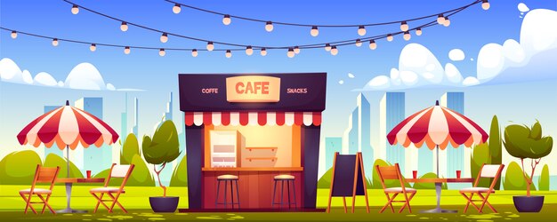Café ao ar livre, cabine de verão no parque, comida de rua