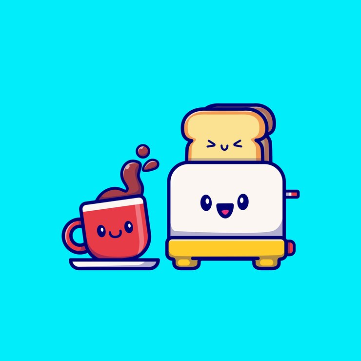 Vetor grátis café bonito com ilustração em vetor torradeira pão dos desenhos animados. vetor isolado conceito de comida de café da manhã. estilo flat cartoon