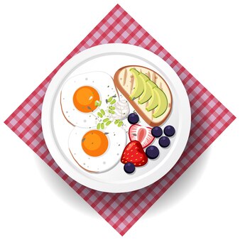 Café da manhã saudável com ovo frito, frutas e pão