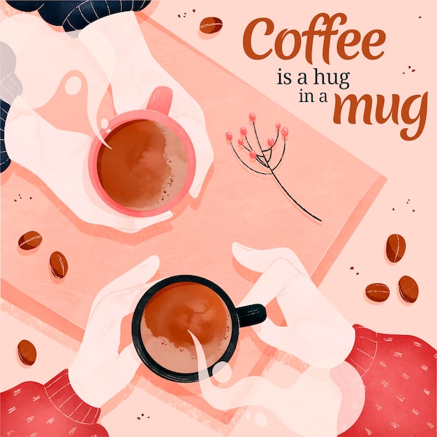 Café delicioso em caneca ilustrada