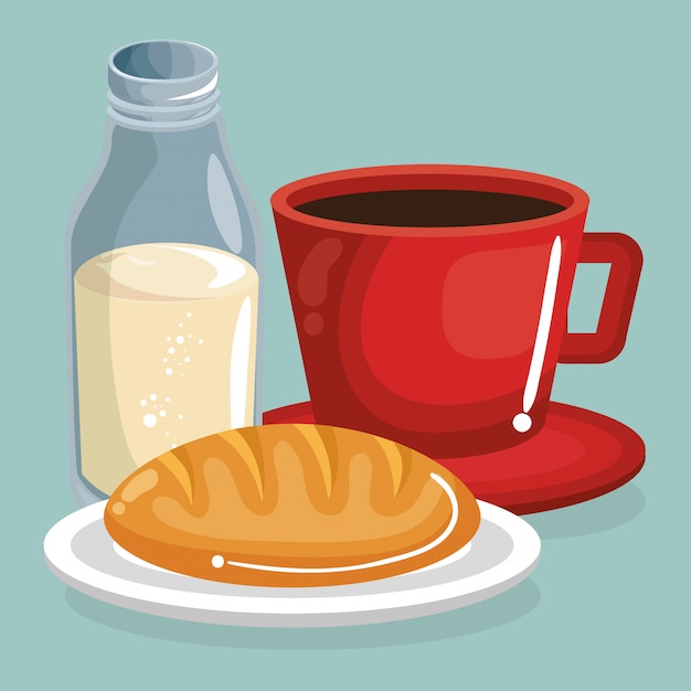 Vetor grátis café e leite com pão comida deliciosa café da manhã