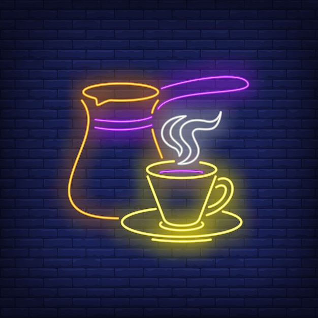 Cafeteira e xícara em estilo neon