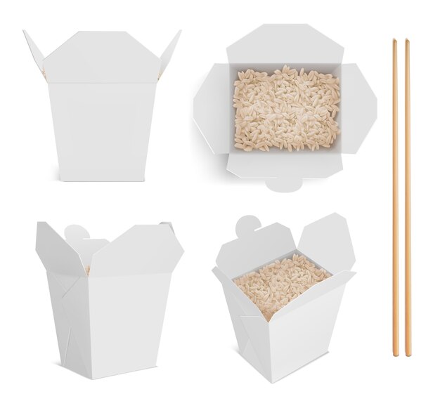 Caixa branca com arroz e pauzinhos, embalagem de papel para comida chinesa ou japonesa.