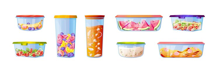 Vetor grátis caixa de recipiente de comida de plástico com conjunto de ícones de vetor de salada de almoço caixa de armazenamento de refeição com salada de frutas e vegetais em tigela de vidro com tampa para viagem ou sobras de refeições com mingau de banana e macarrão