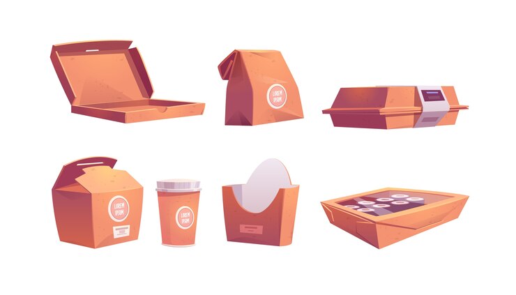 Vetor grátis caixas de alimentos, sacos e copos de papelão, embalagens de papel descartáveis para refeições de café fastfood sushi, pães, pizza ou batatas fritas, café e bebidas para levar. ilustração dos desenhos animados, conjunto de ícones