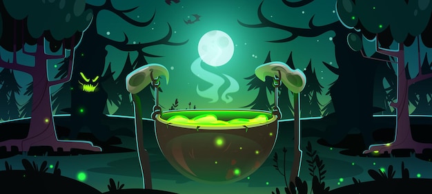 Vetor grátis caldeirão de bruxa em cena de halloween à noite na floresta
