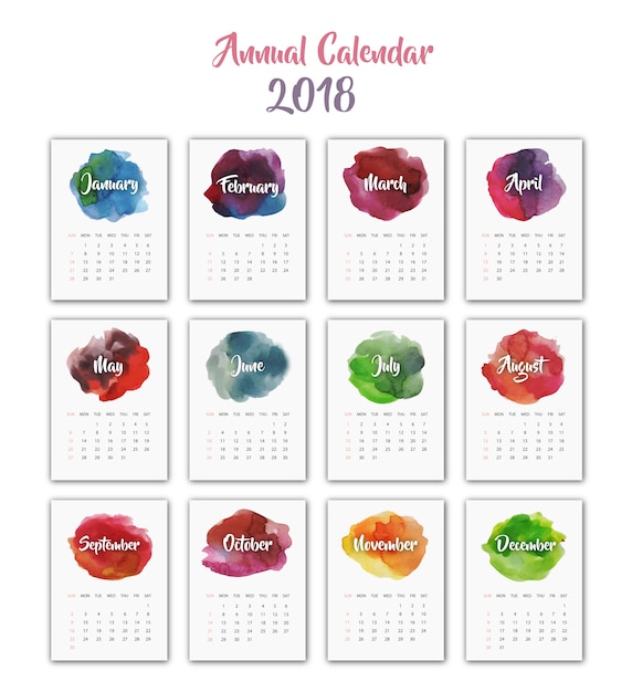 Calendário 2018 design de aquarela