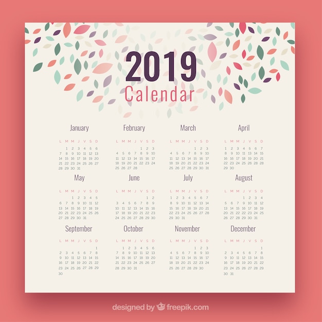 Calendário 2019 com elementos coloridos