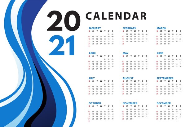 Calendário abstrato ondulado azul 2021