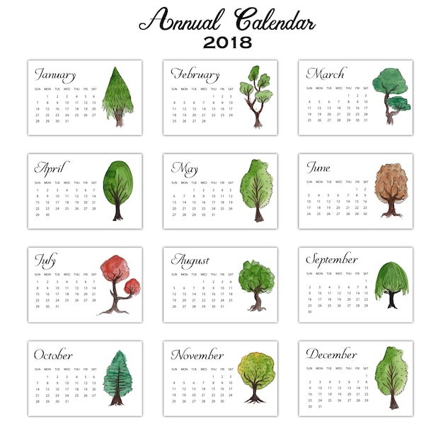 Calendário anual das árvores da cor da água 2018