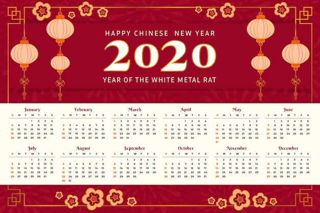 Calendário bonito ano novo chinês em design plano