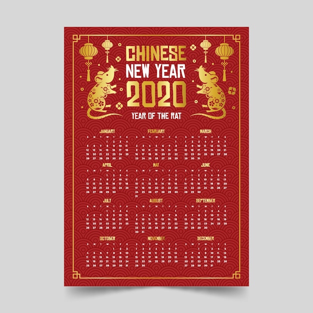 Calendário chinês vermelho & dourado bonito do ano novo