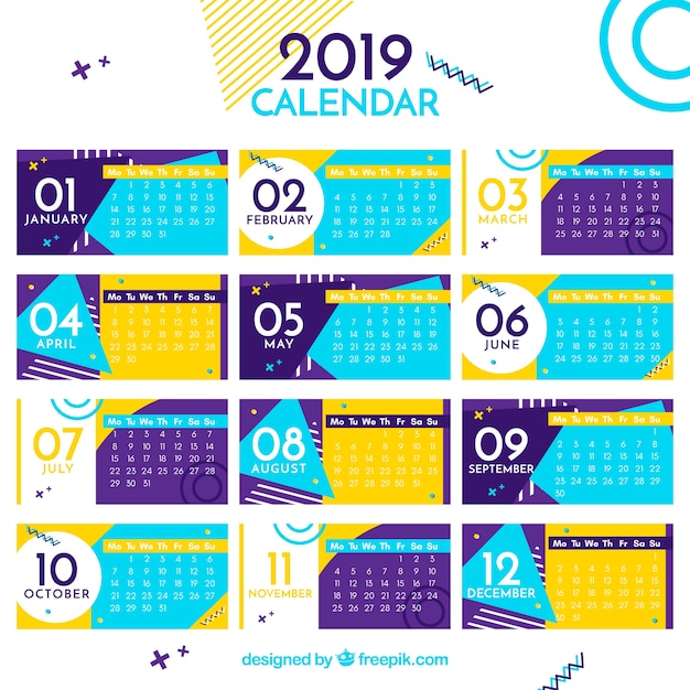 Calendário colorido e plano para o ano de 2019