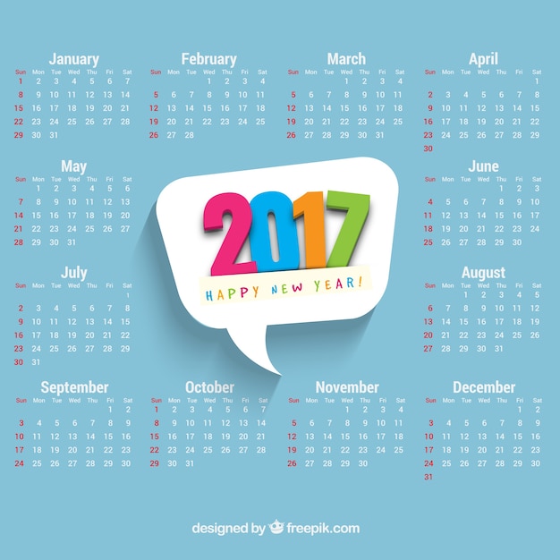 Calendário com bolha 2,017 discurso colorida