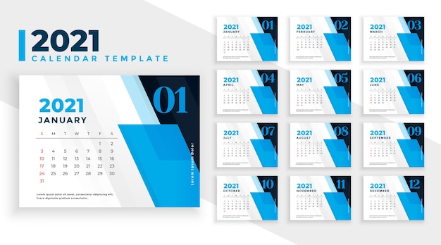 Vetor grátis calendário de ano novo abstrato de 2021 no estilo de formas geométricas azuis