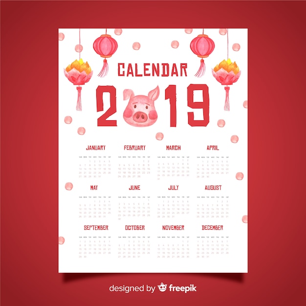 Calendário de ano novo chinês aquarela 2019