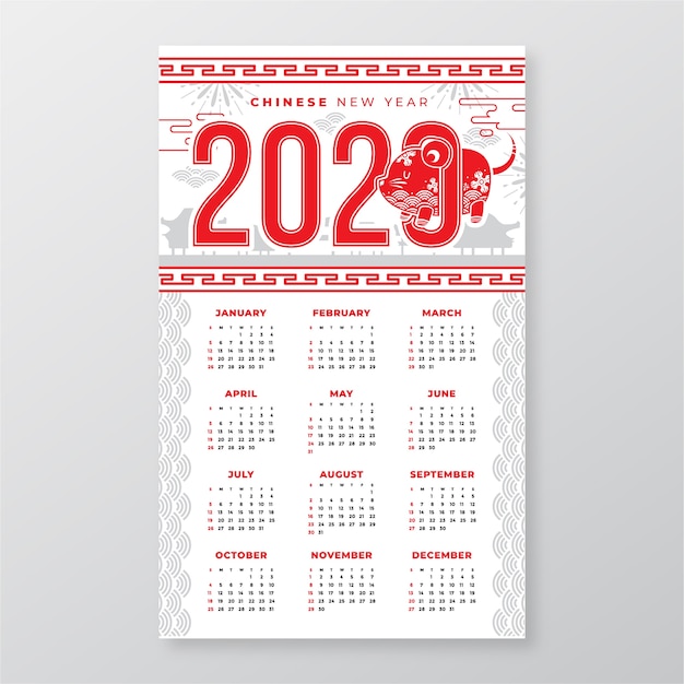 Calendário de ano novo chinês de design plano