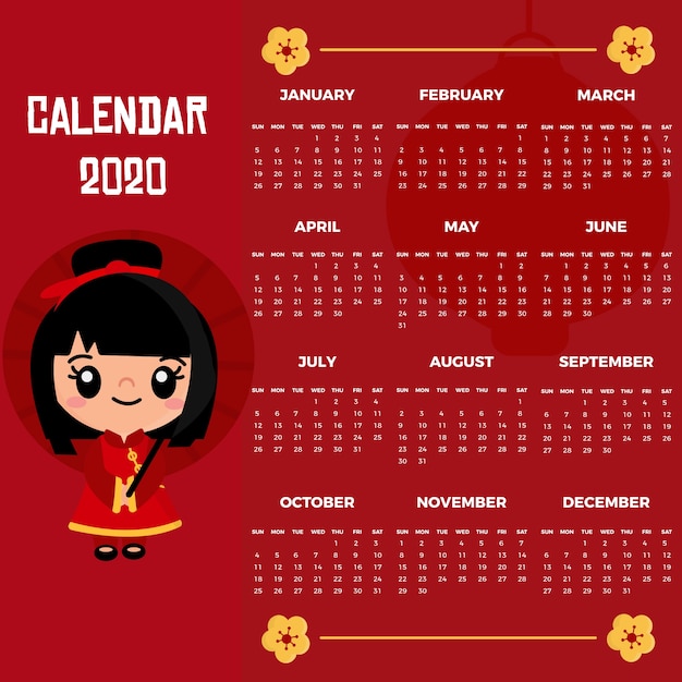 Vetor grátis calendário de ano novo chinês de design plano