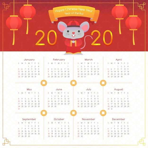 Calendário de ano novo chinês plana com luzes