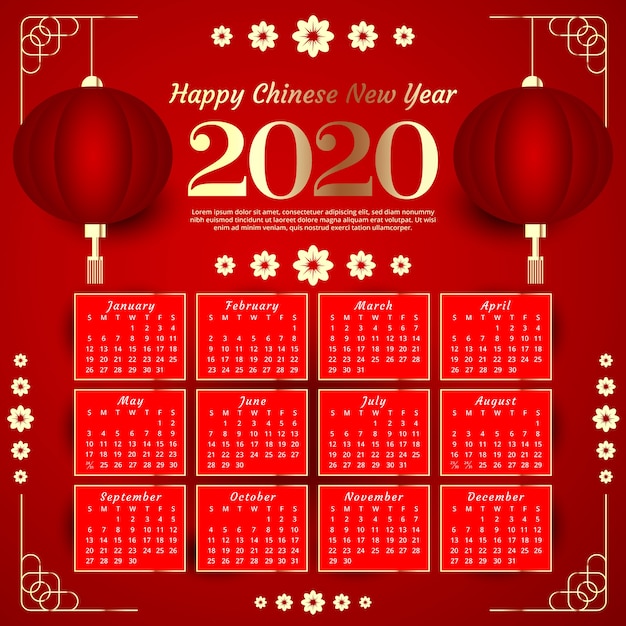 Vetor grátis calendário de ano novo chinês vermelho e dourado