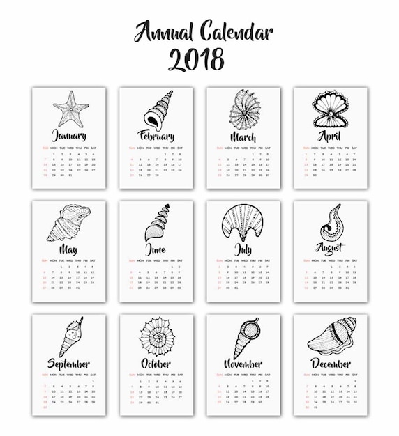 Calendário de conchas preto e branco desenhado a dedo em 2018