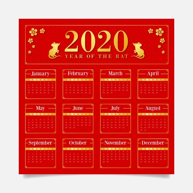 Calendário de fundo vermelho com símbolos de ouro para o ano novo chinês