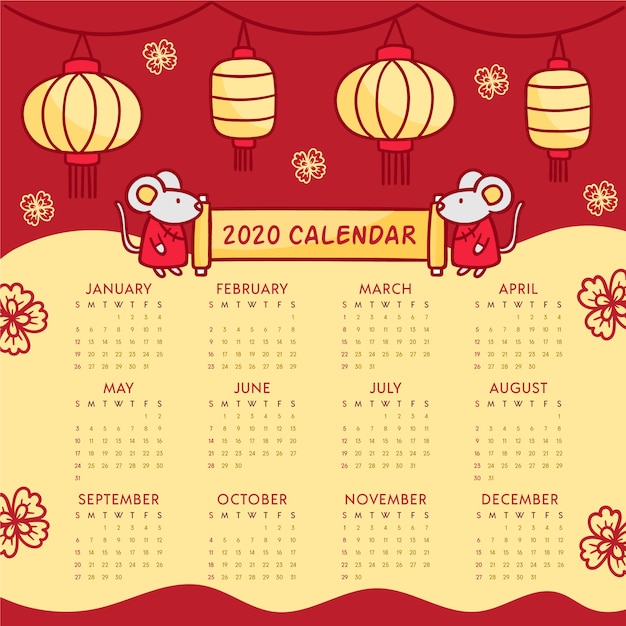 Vetor grátis calendário de mão desenhada ano novo chinês