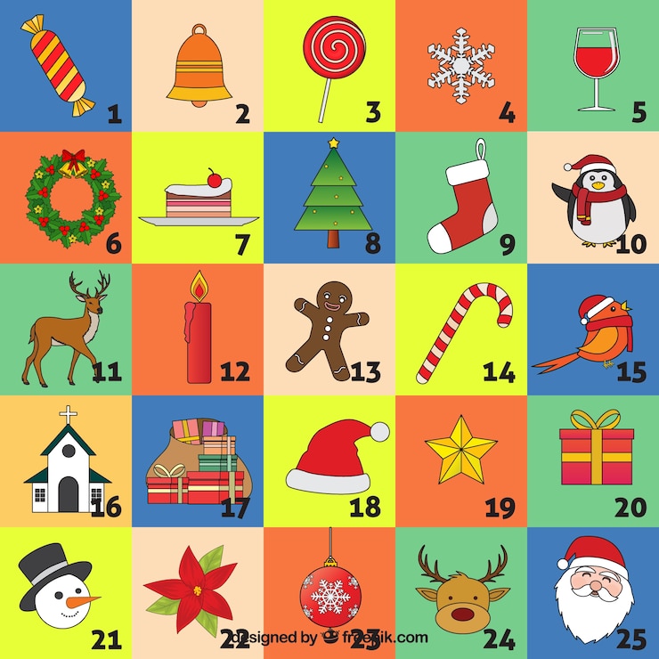 Vetor grátis calendário do advento com elementos tradicionais de natal
