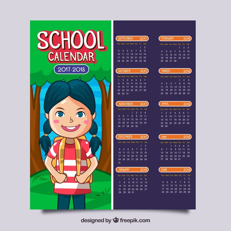 Vetor grátis calendário escolar com linda menina desenhada a mão