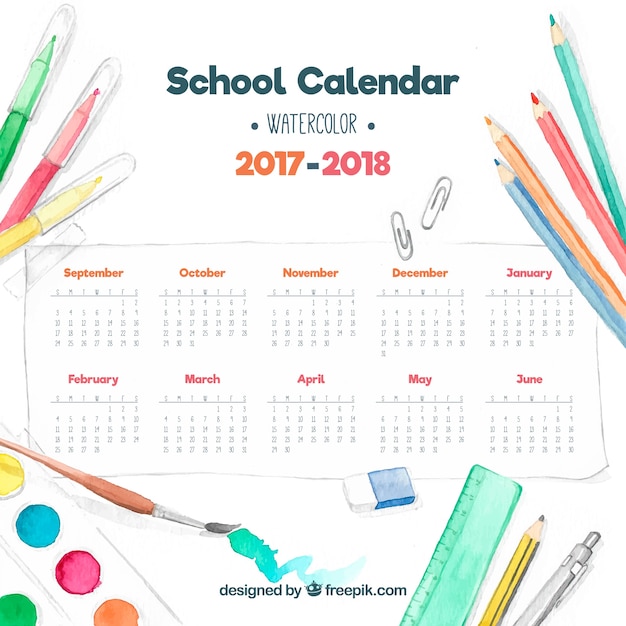 Calendário escolar com materiais aquarela