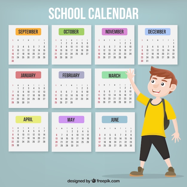 Calendário escolar com menino com camisa amarela