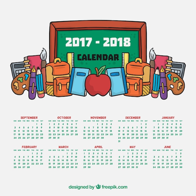 Vetor grátis calendário escolar com quadro-negro e materiais desenhados à mão