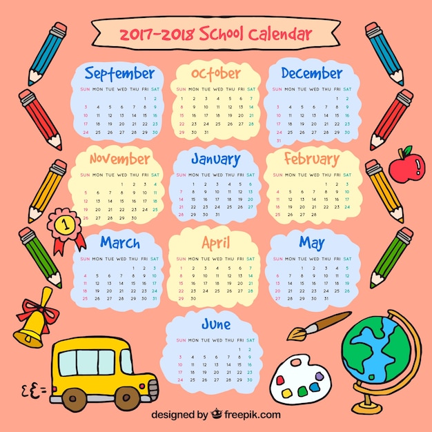 Vetor grátis calendário escolar desenhado a mão 2017-2018