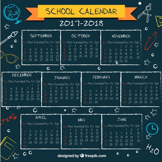 Calendário escolar no quadro-negro com estilo divertido