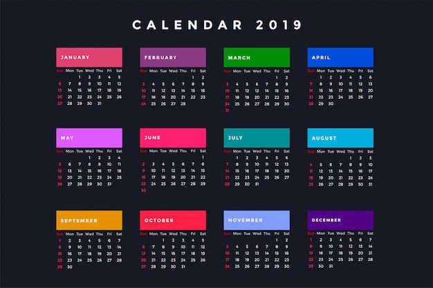 Calendário escuro de ano novo para 2019