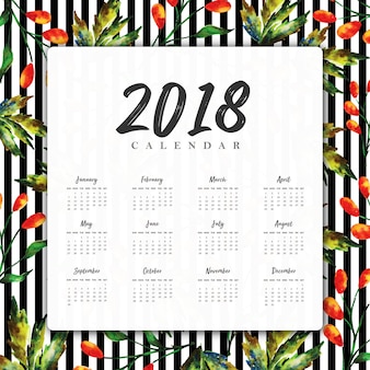 Calendário floral ano-claro de 2018 de aquarela com listras pretas