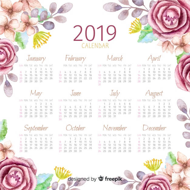 Calendário floral da aguarela 2019