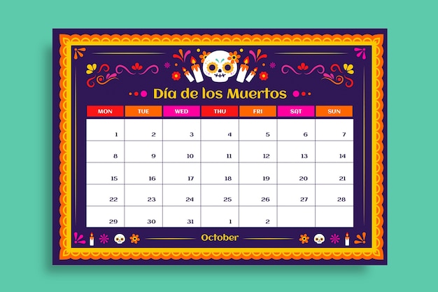 Vetor grátis calendário mensal colorido ornamental dia de los muertos