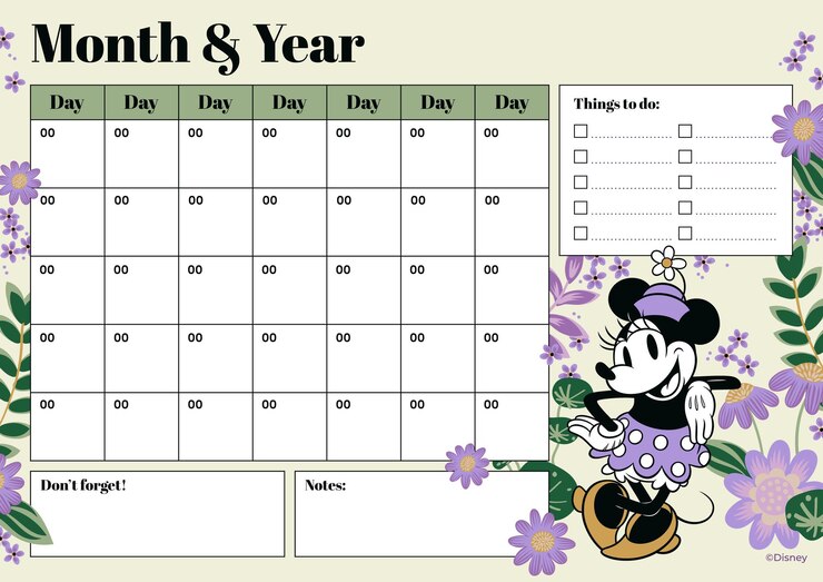 Vetor grátis calendário mensal da minnie mouse