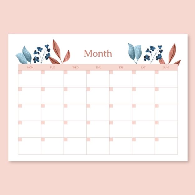 Calendário mensal em branco floral primavera aquarela