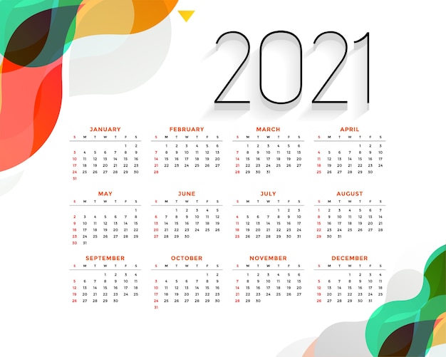 Calendário moderno de ano novo colorido e elegante