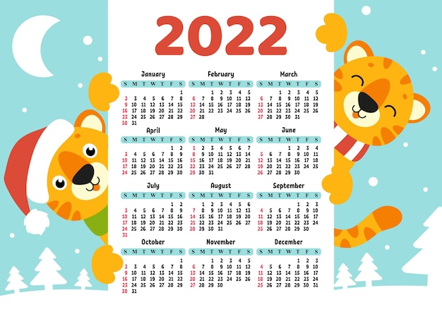 Calendário para 2022 com um tigre fofo símbolo do ano novo