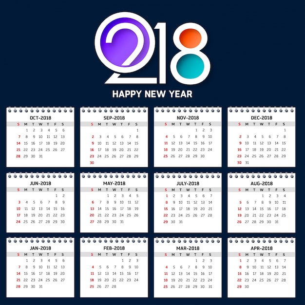 Vetor grátis calendário simples para o ano 2018 a semana começa a partir do domingo criativo colorido 2018 tipografia fundo azul